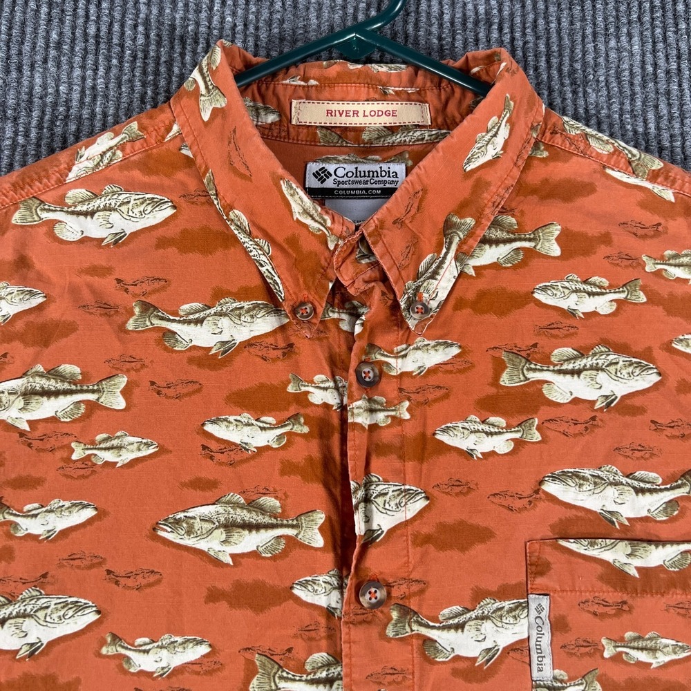 Columbia Mens Shirt River Lodge 2XL XXL Orange Fish Short Sleee Button Down